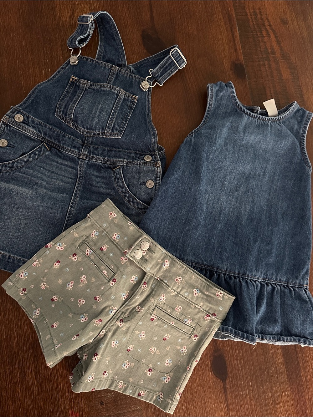 Denim Overalls & Dress Set with Floral Shorts - Blue and Green